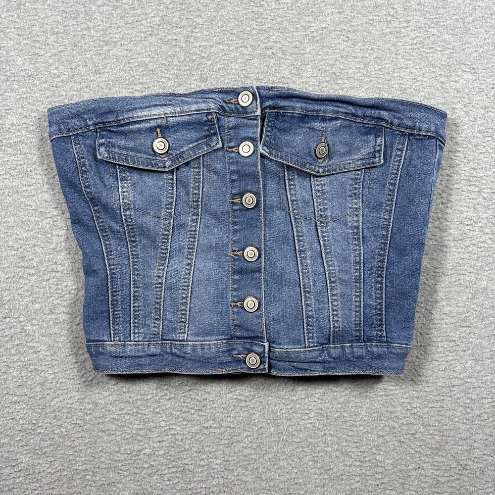 Project Rebel Womens Denim Tube Top Medium Blue Strapless Corset Bustier Y2K
